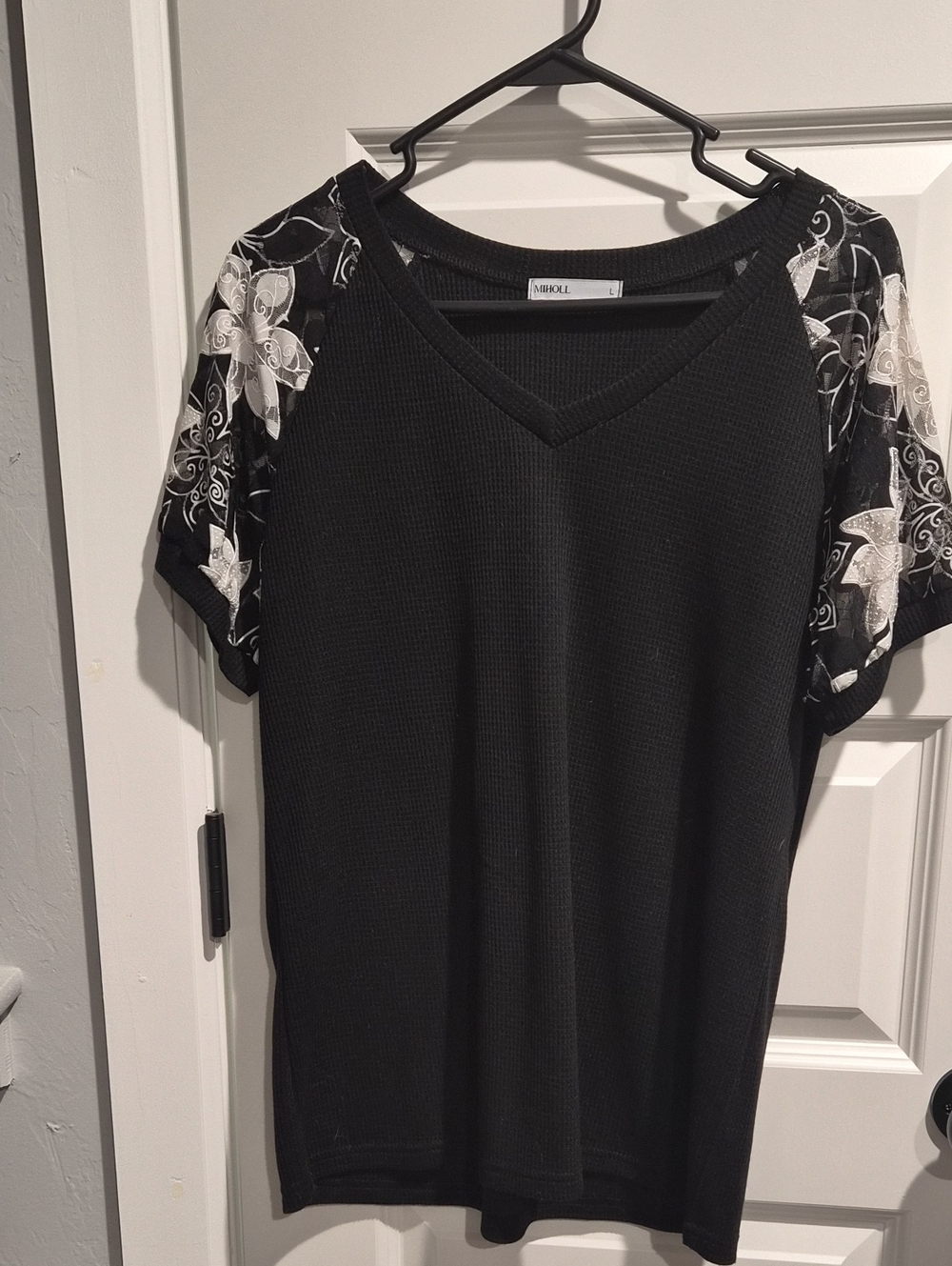 Black V-Neck Short Sleeve Top with Floral Sleeves
